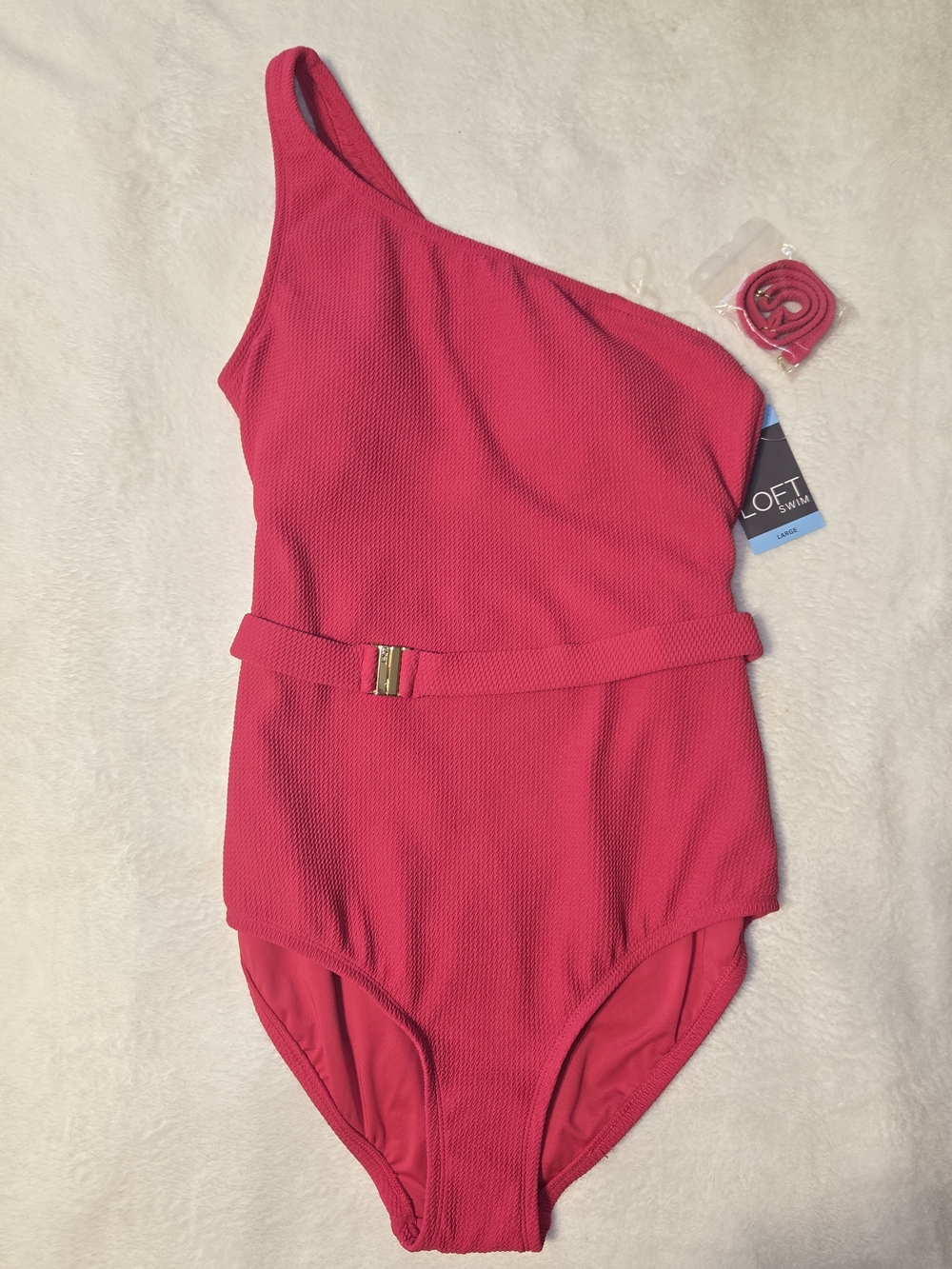 LOFT Hot Pink One-Shoulder Textured Belted Swimsuit